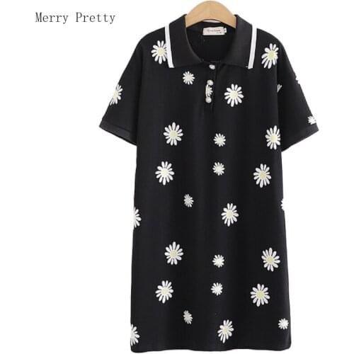 Black Daisy Flower Print Hight Waist Mini Dresses Women Turndown Collar Short Sleeve Cotton Sweet Ladies Summer Straight Dress