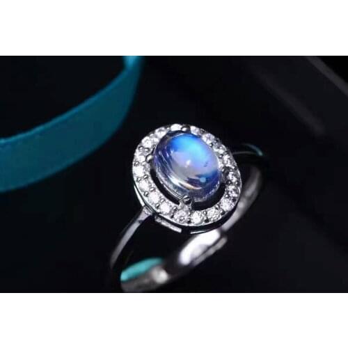 Natural blue moonstone gem Ring Natural gemstone Ring S925 sterling silver Classic simple elegant round women party gift Jewelry