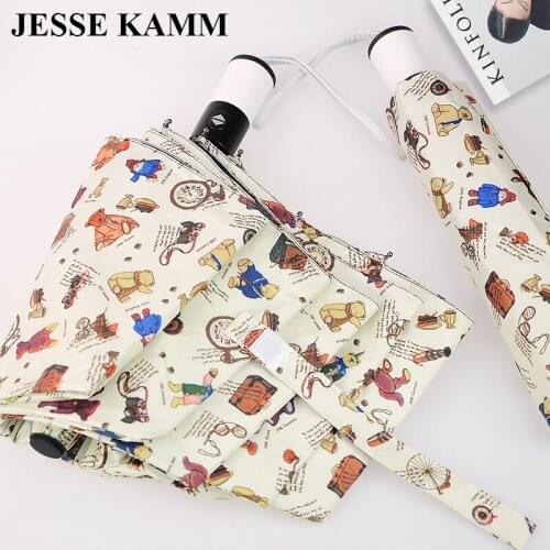 JESSEKAMM Little Bear Fully Automatic Strong Frame Folding Compact Rain Umbrellas For Women High Quality Large Big Fashion UPF45