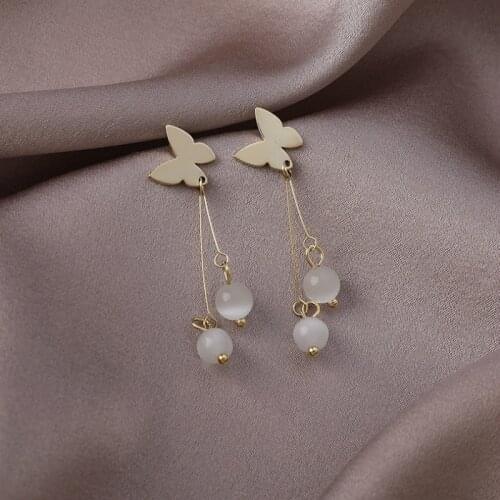 2021 South Korea New Sweet Butterfly Long Short Opal Earrings Fashion Temperament Versatile Earrings Womens Jewelry