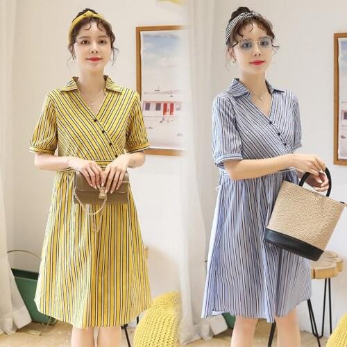 943# Maternity Clothes Nursing Dress Stripe V Neck Summer Loose Stylish Dress Pregnancy Clothes Breastfeeding Dress