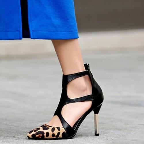 Spring and summer womens sandals narrow-band sexy pointed high-heeled shoes back zipper sandals womens leopard design shoes wo