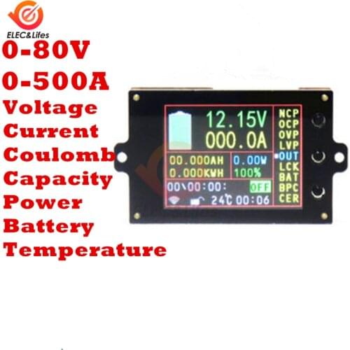 2.4" Wireless 80V 500A Digital Voltmeter Ammeter Battery Monitor Meter Temperature Power Watt Coulomb AH SOC Remaining Capacity