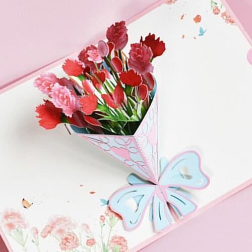 Birthady Wedding Teacher Greeting Card Exquisite 3D Carnation Bouquet Foldable Blessing Postcard for Mothers Day Party Gifts