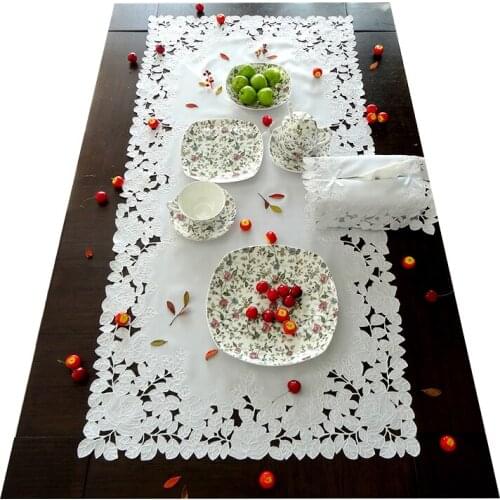 White rose Elegant Embroidery Table Runner Pastoral Fabric Tea tablecloth, Luxury Table mat table Cover for decoration