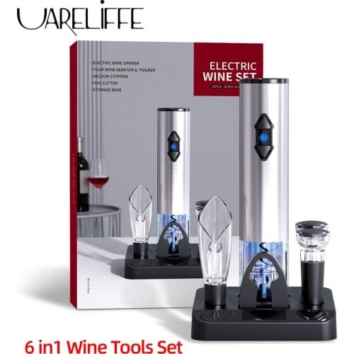 Uareliffe 6 in1 Wine Tools Set Electric Wine Opener Corkscrew Wine Bottle Opener With Wine Pourer Wine Stopper Storage Base Gift