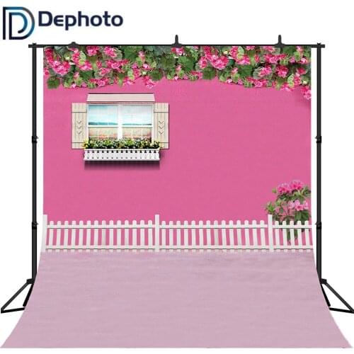 Dephoto Spring Flower Photography Backdrops Wood Fence Background Pink wall Window Seamless Photo Backdrops for Picture