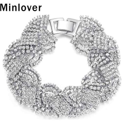 Minlover Crystal Silver Color Wedding Bracelet Bangles for Female Rhinestone Twist Pulseras Bridal Jewelry 2019 Fashion MSL076
