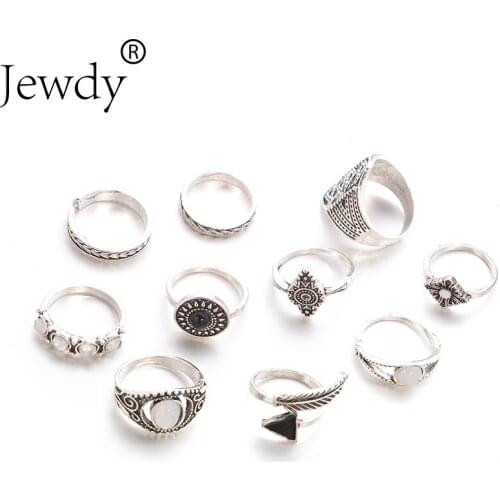 Jewdy Vintage Opal Thumb Rings Set for Women Boho Evil Eye Feather Leaf Ring Adjustable Finger Wedding Jewelry Accessories