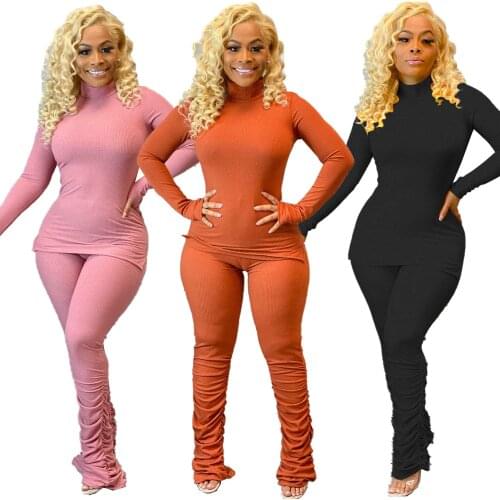 Autumn Winter Womens Sets tracksuit Solid Color Striped Turtleneck Elastic Trousers Pants Suits Knitted Two Piece Set