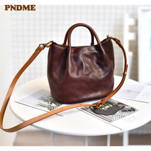 PNDME retro fashion Genuine leather ladies small handbags natural cowhide casual simple one-shoulder messenger bucket bag