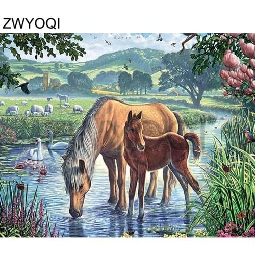 Full Square Diamond painting horse donkey lake Full Round Diamond embroidery Cross stitch horse donkey DIY Diamond mosaic horse