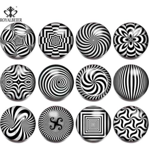 RoyalBeier 12pcs/lot Dizziness Theme Black&White Mixed Glass Charms 18mm Snap Button For 20mm Snap Bracelet Snap Jewelry