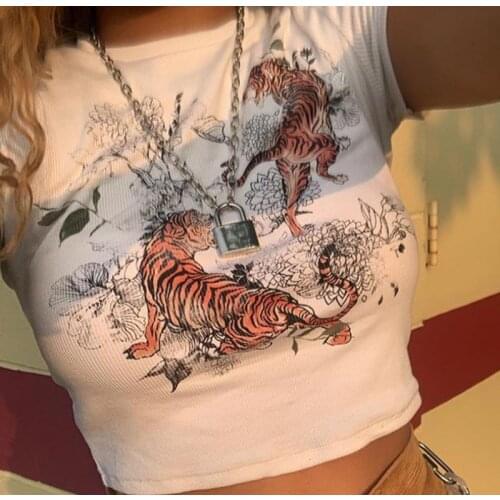 Harajuku ribbed skinny print top O-neck short-sleeved skinny white T-shirt