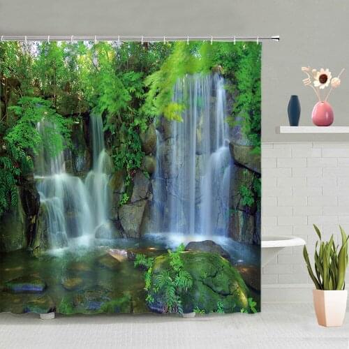 Waterfall Shower Curtain Stone Trees Autumn Natural Scenery Bathroom Decoration Screen Bathing Curtains Washable With Hook Set