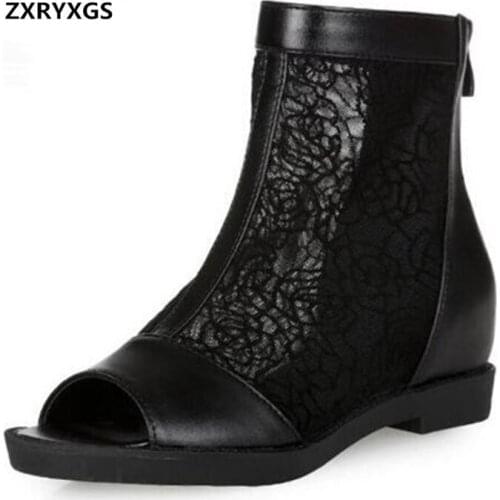 2020 New Summer Women Sandals Fish Head Lace Mesh Shoes Women Shoes Black Genuine Leather Sandals Large Size Shoes Flat Sandals