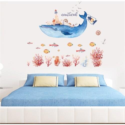 1PC Large Underwater World Whale City Watercolor Wall Stickers Glass Wndow Bathroom Wall Stickers For Kids Room Home Decor Mural