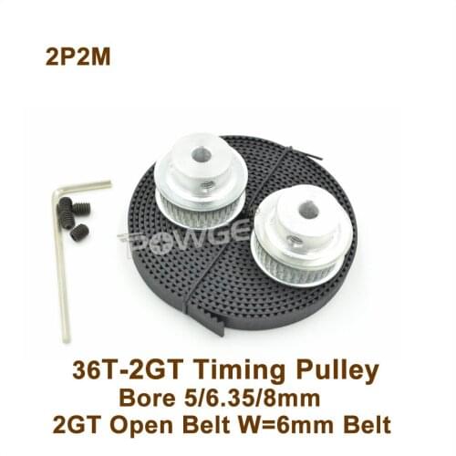 2pcs 36 Teeth 2GT Timing Pulley Bore 5/6.35/8mm + 2meters W=6mm GT2 Synchronous Belt 36T 36Teeth GT2 Timing Belt Pulley 36-2GT