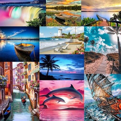 Diamond Painting Diamond Embroidery Drill Home Decoration Bedroom 5d Diy Full Round Beautiful beach view Pink sea