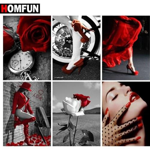 HOMFUN Diamond Painting Cross Stitch "Beautiful red flower" Full Square Round Diy 5d Diamond Embroidery Picture Rhinestone Art