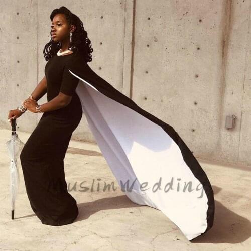 Fashion Black And White Prom Dresses With Caped Wrap Short Sleeve Stretch Mermaid Evening Gowns Black Girls African Prom Gowns
