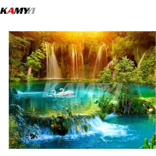 Diy Diamond Painting Cross Stitch waterfall swan Needlework handmade 5D round Diamond Embroidery Full Diamond Mosaic landscap DD
