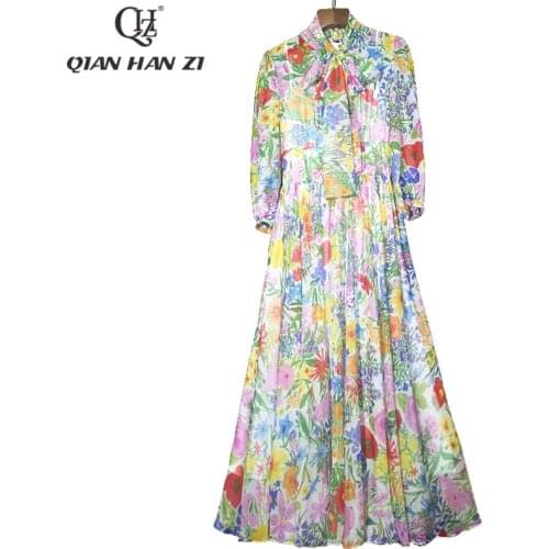 Qian Han Zi Designer fashion chiffon summer dress Womens Three Quarter sleeves elegant Flower print Beach holiday Midi dress