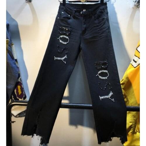 European Autumn New Denim Heavy Industry Beaded Letters High Waist Slim Stretch Jeans Women Pants Fashion Streetwear 2021