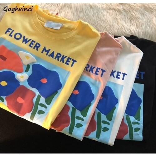 T-Shirts Women Floral Couple Oversize Loose All-match Bf Harajuku Vintage Simple Fashion Korean Style Cozy Soft O-Neck Summer