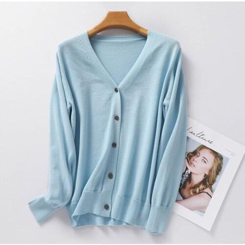 Spring Autumn New V-Neck Knitted Cardigan Womens Loose Large Size Thin Sweater All-Match Jacket Pure Color Basic Small Cardigan