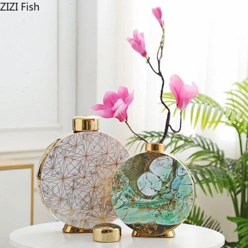 Marble Pattern Ceramic Vase Classical Storage Jar with Cover Flower Pot Floral Desk Decoration Gold Vases Vintage Home Decor