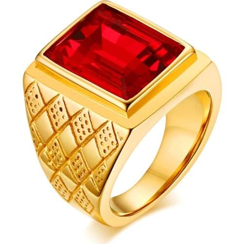 Big square ruby red gemstones Rings for men gold color titanium stainless steel jewelry bague bijoux masculine finger accessory