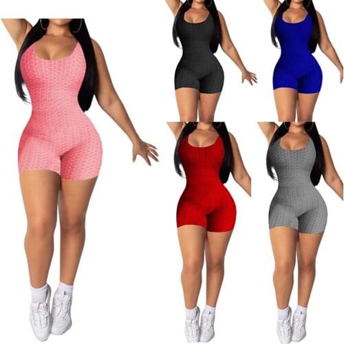 OMSJ Solid Color Casual Womens Sling Playsuits Shorts Bodycon Basic Jumpsuit 2021 Summer Sleeveless U Neck Sexy Backless Romper