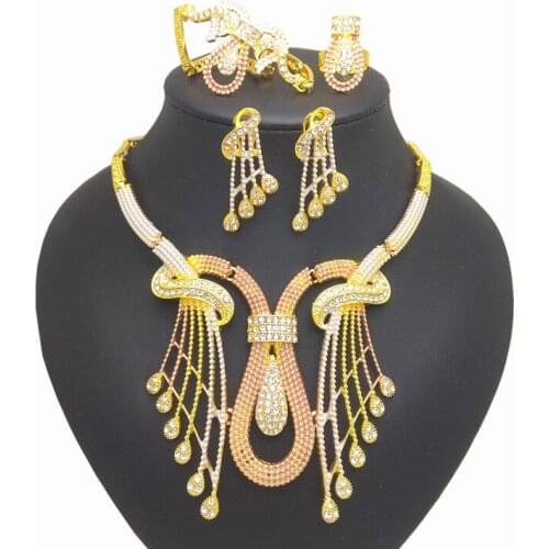 Women African Beads Jewelry Sets Imitation Crystal Necklace Earring Ring Bracelet Jewelries Set Gold Color Statement Accessories