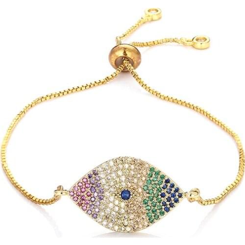 Fashion womens rainbow eye jewelry gold cz colorful zircon bracelet bangle adjustable chain bracelet for women