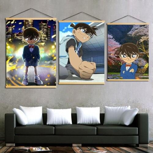 Canvas Detective Conan Print Wooden Scroll Hanging Painting Picture Home Decoration Animation Wall Art Poster For Living Room