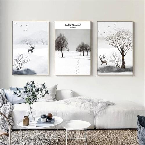 Nordic Poster Black and White Deer Landscape Wall Art Print Canvas Painting Winter Decoration Home Wall Pictures for Living Room