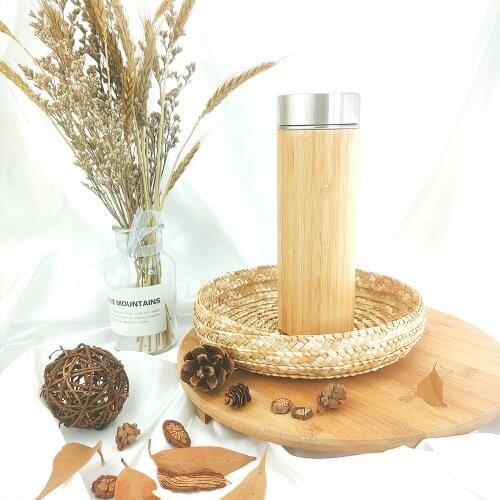 Natural Bamboo 450Ml Stainless Steel Liner Vacuum Flask Insulated Bottle Bamboo Cup Tea