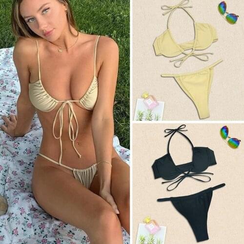 2021 New Bikini Tethered Sexy Open Back Split Womens Swimsuit Bikini Step Into Solid Color Waist Style Pattern Type Push Up