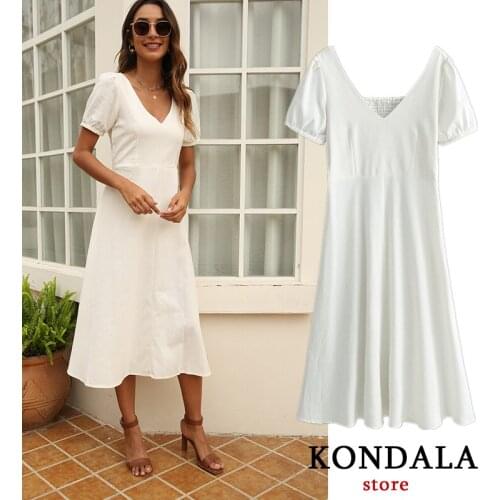 KONDALA Women Dress White Cotton V Neck Dress Za Fashion 2021 Short Sleeve Elastic Mid Calf Dresses Female Chic Casual Vestidos