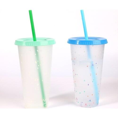 Transparent plastic color changing cup 1/5 700ml reusable cold drink cup with lid and straw, wedding gift with straw