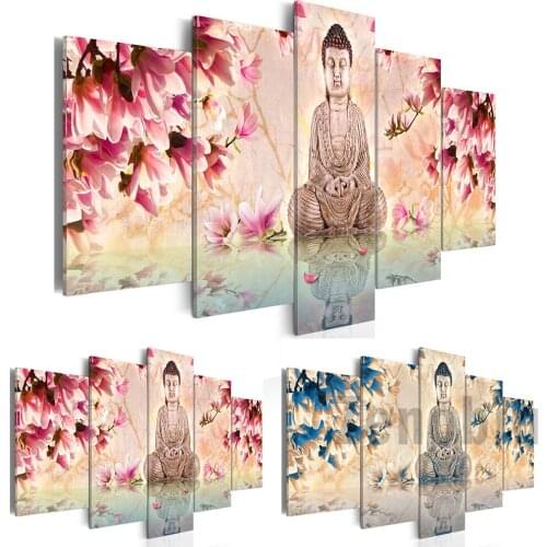 Modern Magnolia Poster Flower Buddha Canvas Painting 5 Pieces Buddhism Wall Art Decor Posters And Prints Oil Painting Home Decor