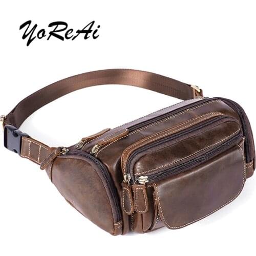 YoReAi Mens Genuine Leather Crossbody Bag Waterproof travel Anti-theft waist bag Large Capacity Hiking Cell Phone Pocket