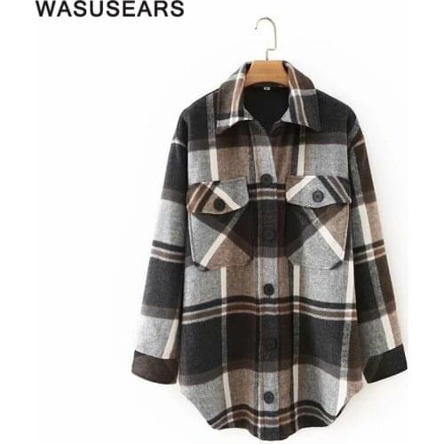 Fall long sleeve shirts for women long plaid wool shirt casual turn down collar shirt women button up pockets loose streetwear