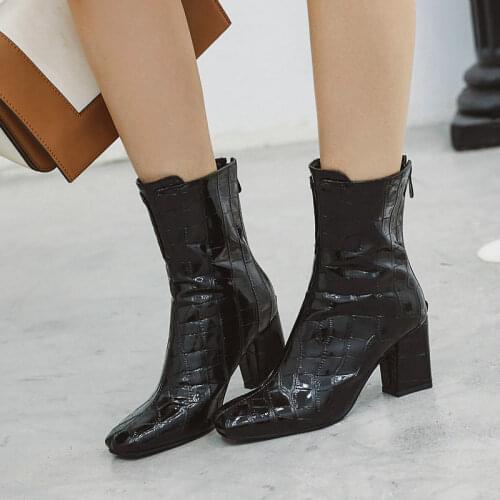 Ladies New Spring Autumn Short Boots Fashion Stone Pattern Zipper Knight Boots Winter Thick High Heel Large Size Womens Shoes