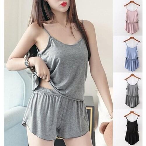 2Pc / 1Set Women Solid Color Pajamas Set Shorts + Crop Tops Sleeveless Summer Sleeve Suit Set Sleepwear