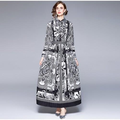 Autumn White Black Flower Maxi Dress High Quality Women Floral Print Full Sleeve Turn Dowm Collar Belted Long A Line Dress