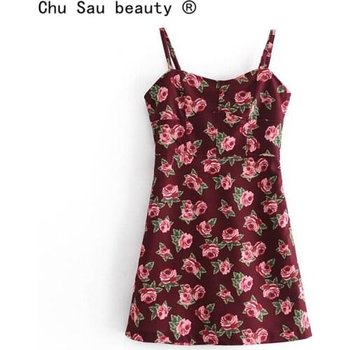 2021 Spring New Vintage High Waist Rose Flower Print Slim Mini Strap Dresses For Women Ropa Mujer