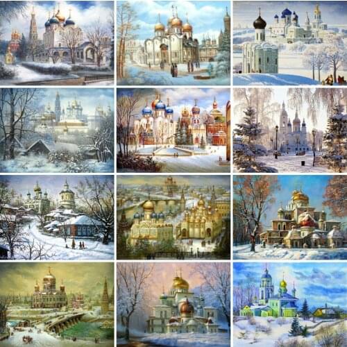 AZQSD Diamond Embroidery Church Landscape 5D DIY Diamond Painting Full Drill Picture Winter Rhinestones Kits Home Decor