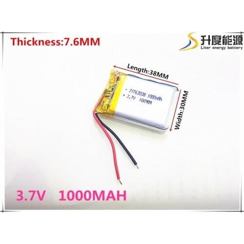 Free shipping 3.7 V 763038 lithium-ion polymer battery 1000 mah vehicle traveling data recorder LED speakers toys